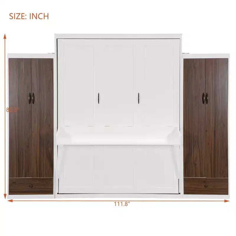 Lit escamotable ModernLuxe taille lit double/grand lit avec placard, tiroirs et table – Lit mural pour petits espaces, blanc