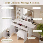 Coiffeuse avec miroir et lumières, table de maquillage avec prises de courant, tiroirs et armoire, tabouret de rangement, commode pour chambre à coucher