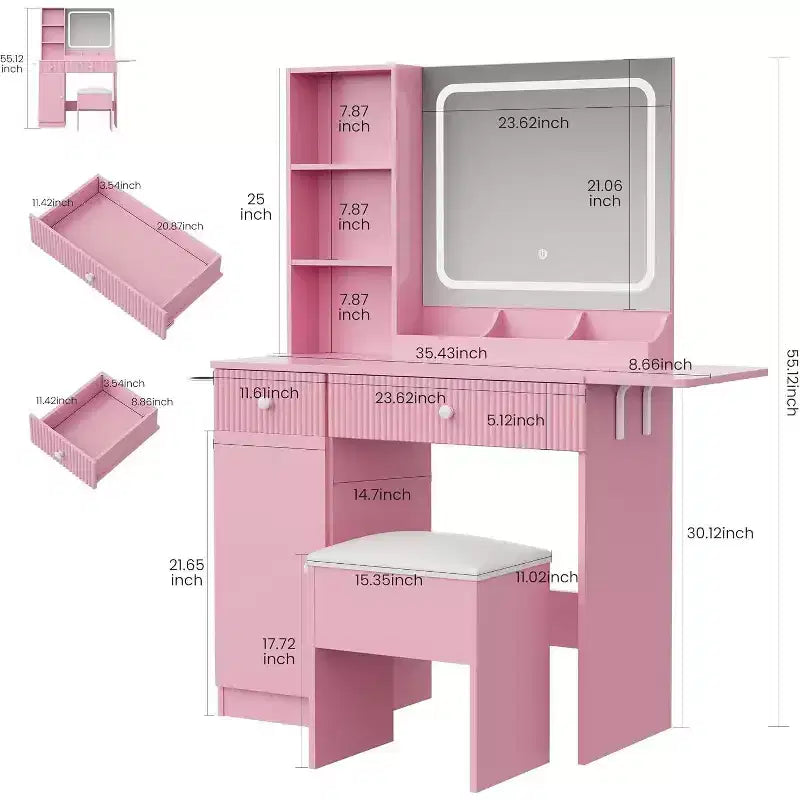 Coiffeuse avec miroir et lumières, table de maquillage avec prises de courant, tiroirs et armoire, tabouret de rangement, commode pour chambre à coucher