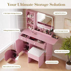 Coiffeuse avec miroir et lumières, table de maquillage avec prises de courant, tiroirs et armoire, tabouret de rangement, commode pour chambre à coucher