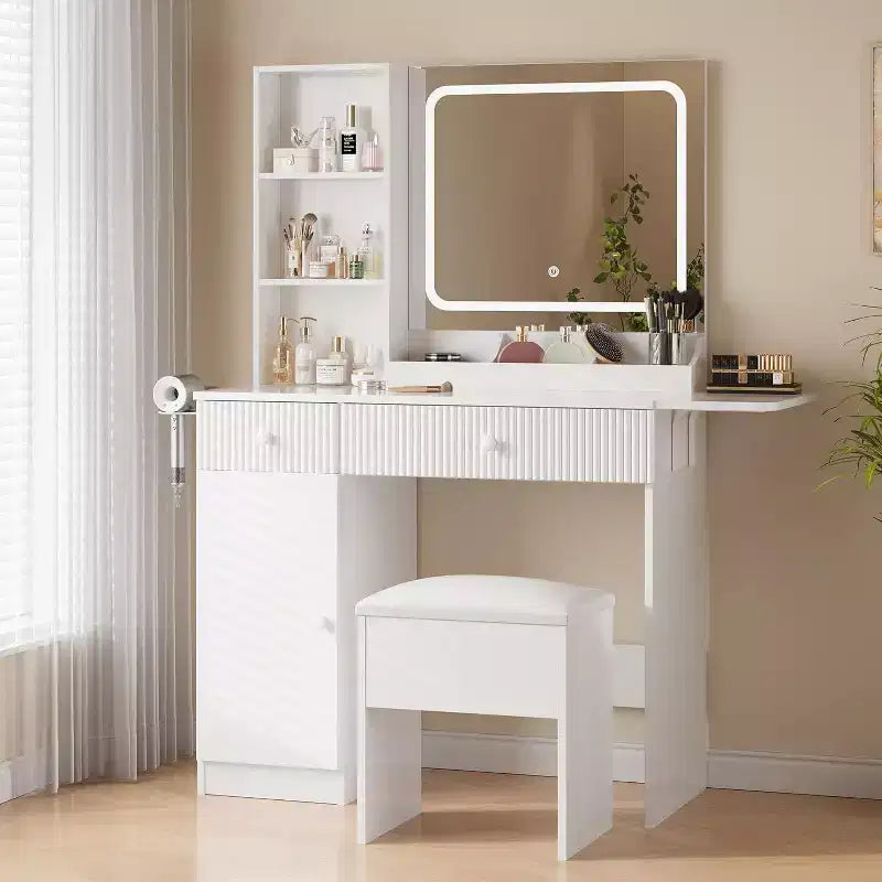Coiffeuse avec miroir et lumières, table de maquillage avec prises de courant, tiroirs et armoire, tabouret de rangement, commode pour chambre à coucher