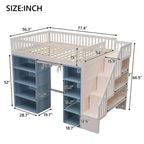 Lit mezzanine Whisen double avec rangements et rideau - Blanc et bleu