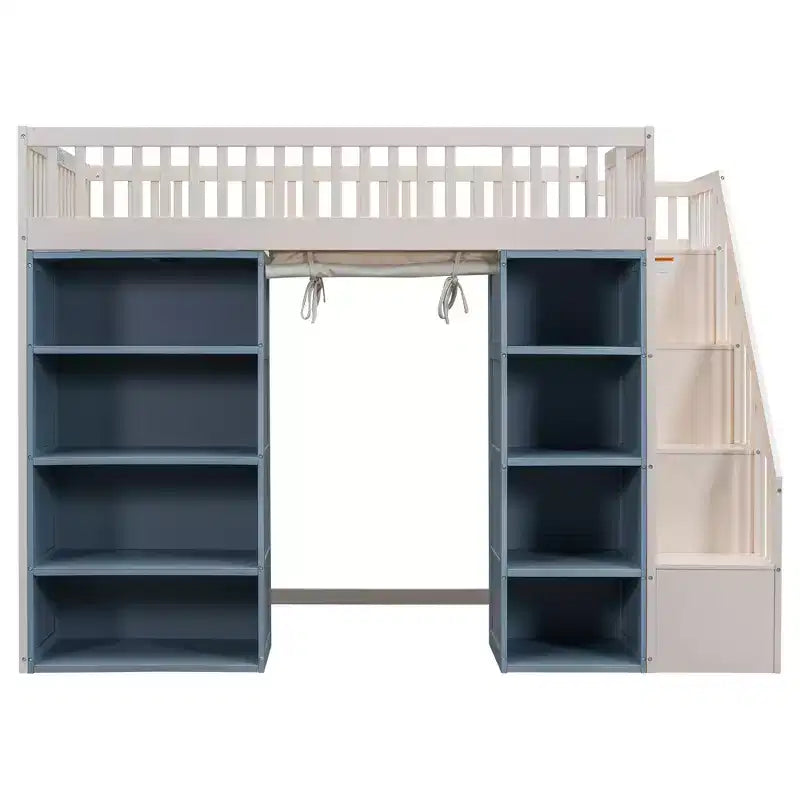 Lit mezzanine Whisen double avec rangements et rideau - Blanc et bleu