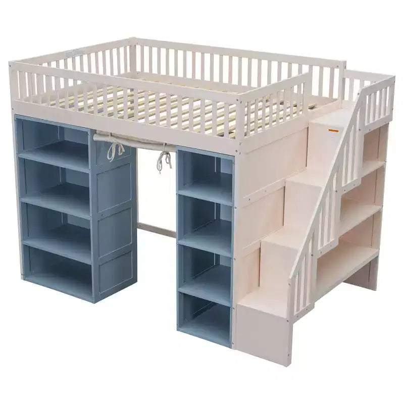 Lit mezzanine Whisen double avec rangements et rideau - Blanc et bleu