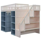 Lit mezzanine Whisen double avec rangements et rideau - Blanc et bleu