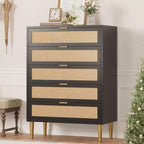 Rattan 5 Drawer Dresser 44 Tall Narrow Chest, Black Farmhouse Wooden Vertical Dresser with Metal Legs & Handles for Bedroom & Living Room