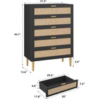 Commode 5 tiroirs en rotin 44, commode étroite et haute, commode verticale en bois de style ferme noire avec pieds et poignées en métal pour chambre et salon