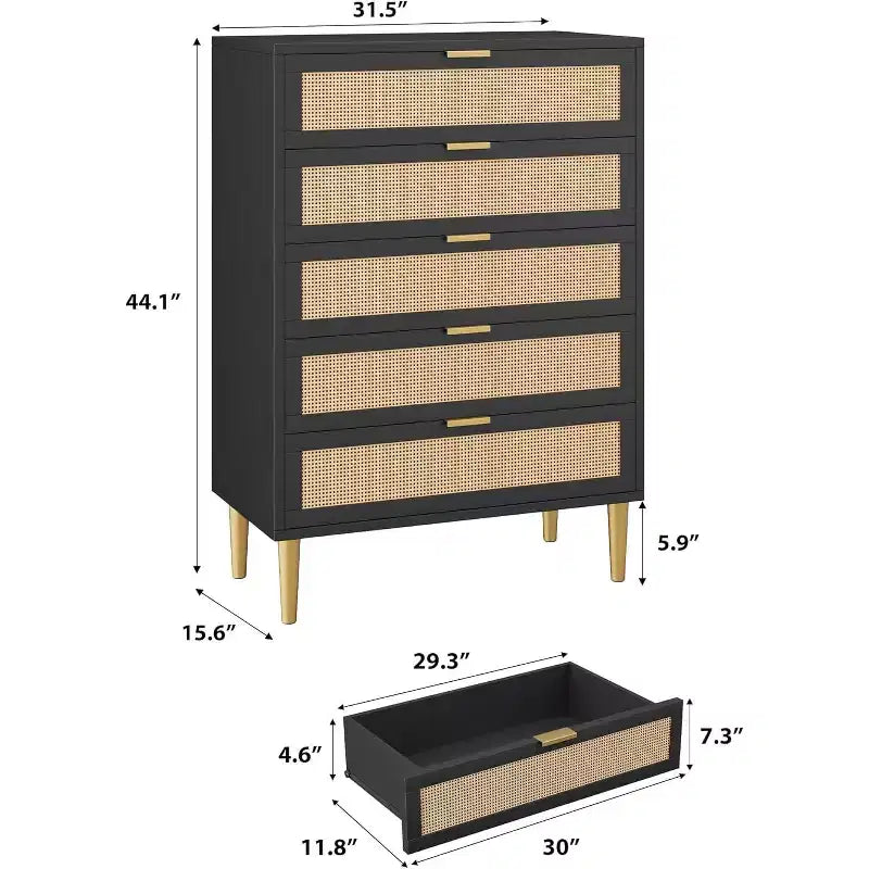 Commode 5 tiroirs en rotin 44, commode étroite et haute, commode verticale en bois de style ferme noire avec pieds et poignées en métal pour chambre et salon