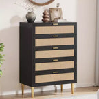 Commode 5 tiroirs en rotin 44, commode étroite et haute, commode verticale en bois de style ferme noire avec pieds et poignées en métal pour chambre et salon