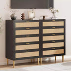 Commode 5 tiroirs en rotin 44, commode étroite et haute, commode verticale en bois de style ferme noire avec pieds et poignées en métal pour chambre et salon