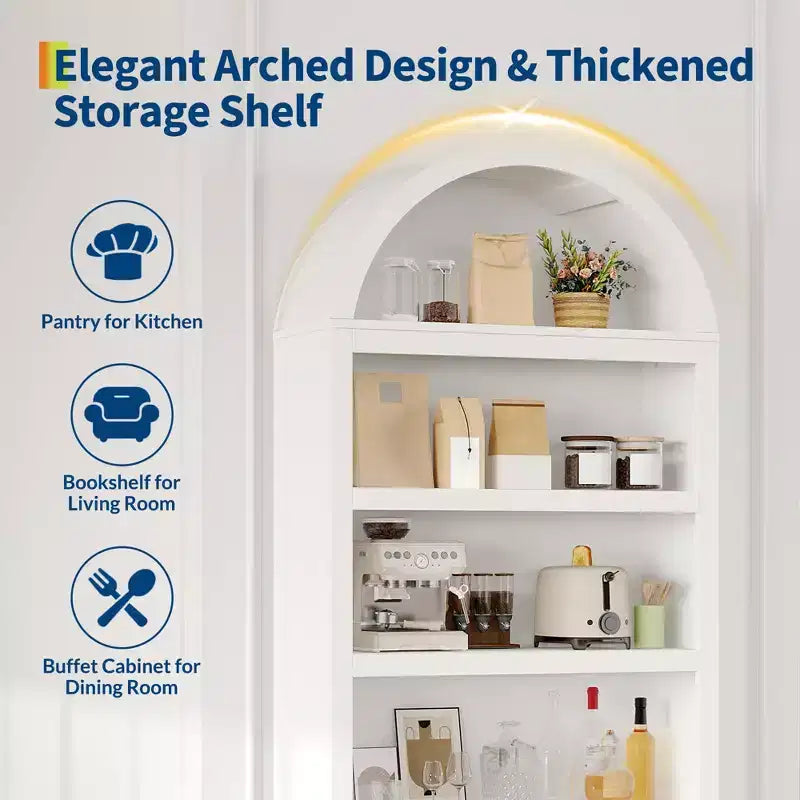 Garde-manger haut arqué de 71 po, meuble de rangement autoportant à 6 niveaux avec tiroir, étagère à livres blanche moderne avec étagères ouvertes et conception anti-basculement