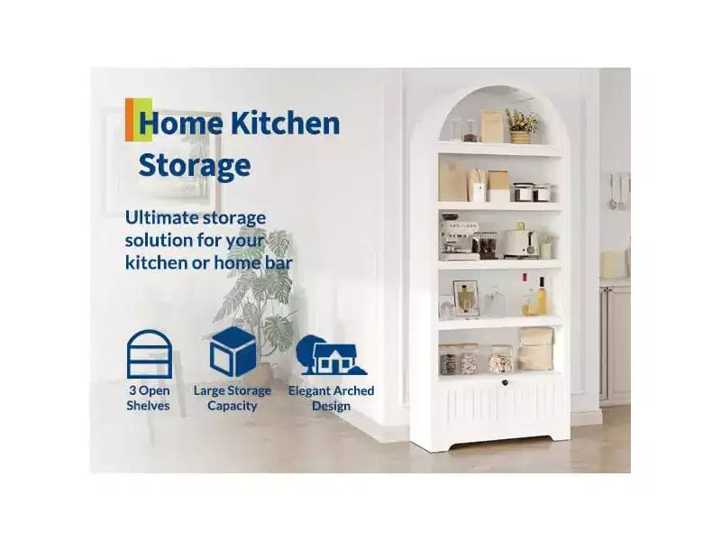 Garde-manger haut arqué de 71 po, meuble de rangement autoportant à 6 niveaux avec tiroir, étagère à livres blanche moderne avec étagères ouvertes et conception anti-basculement