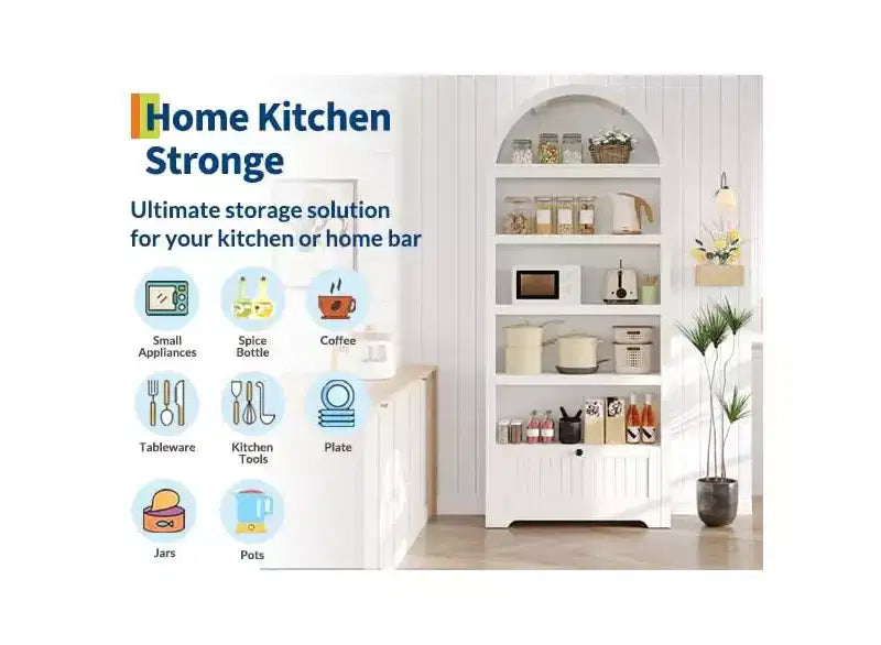 Garde-manger haut arqué de 71 po, meuble de rangement autoportant à 6 niveaux avec tiroir, étagère à livres blanche moderne avec étagères ouvertes et conception anti-basculement
