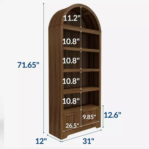 Garde-manger haut arqué de 71 po, meuble de rangement autoportant à 6 niveaux avec tiroir, étagère à livres blanche moderne avec étagères ouvertes et conception anti-basculement