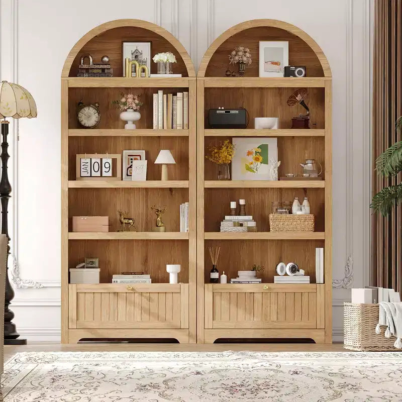 Garde-manger haut arqué de 71 po, meuble de rangement autoportant à 6 niveaux avec tiroir, étagère à livres blanche moderne avec étagères ouvertes et conception anti-basculement