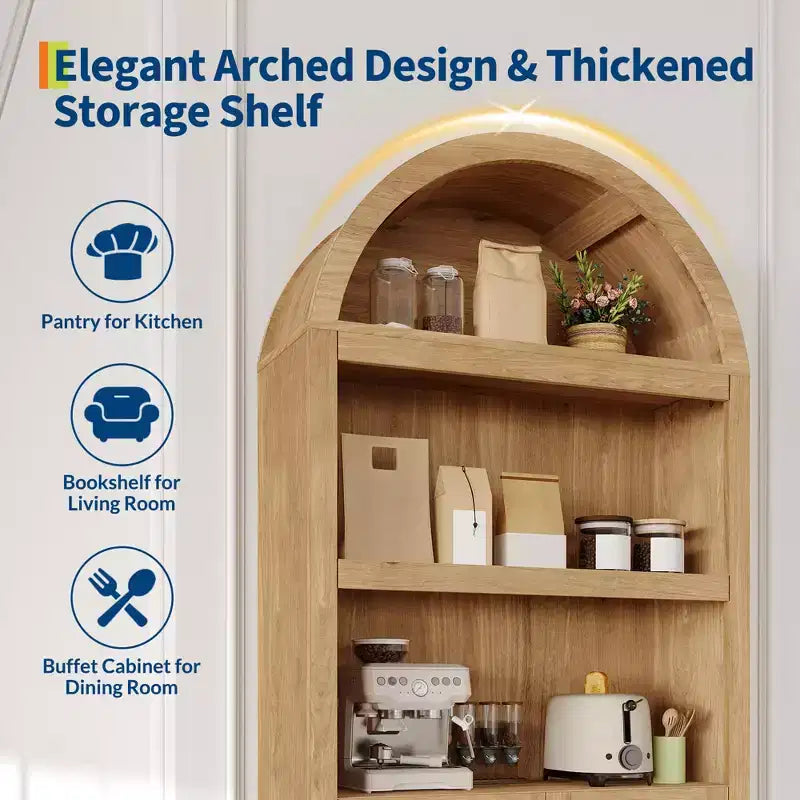 Garde-manger haut arqué de 71 po, meuble de rangement autoportant à 6 niveaux avec tiroir, étagère à livres blanche moderne avec étagères ouvertes et conception anti-basculement