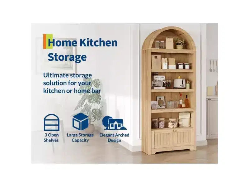 Garde-manger haut arqué de 71 po, meuble de rangement autoportant à 6 niveaux avec tiroir, étagère à livres blanche moderne avec étagères ouvertes et conception anti-basculement