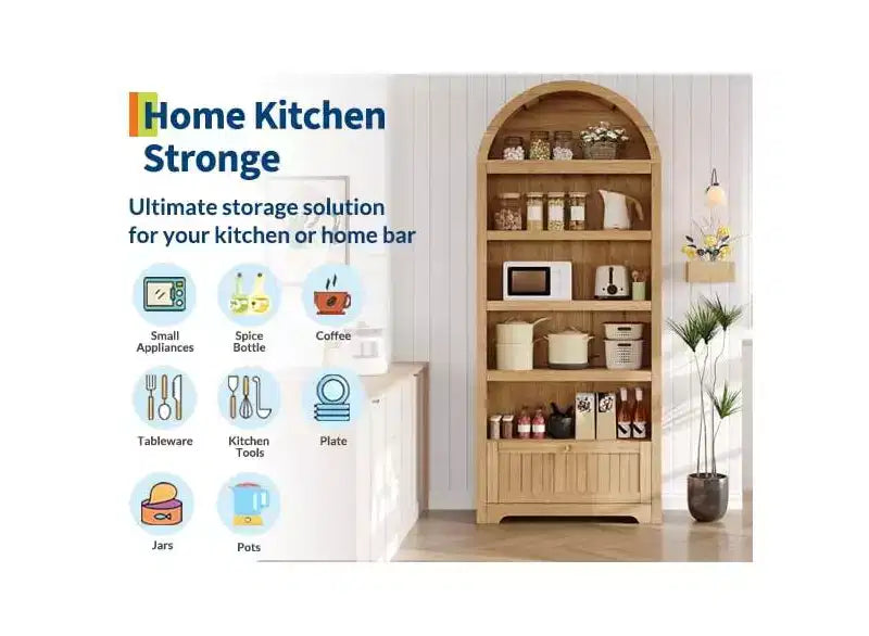 Garde-manger haut arqué de 71 po, meuble de rangement autoportant à 6 niveaux avec tiroir, étagère à livres blanche moderne avec étagères ouvertes et conception anti-basculement