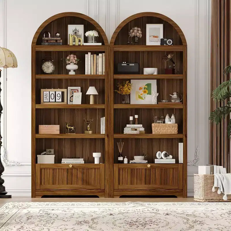 Garde-manger haut arqué de 71 po, meuble de rangement autoportant à 6 niveaux avec tiroir, étagère à livres blanche moderne avec étagères ouvertes et conception anti-basculement