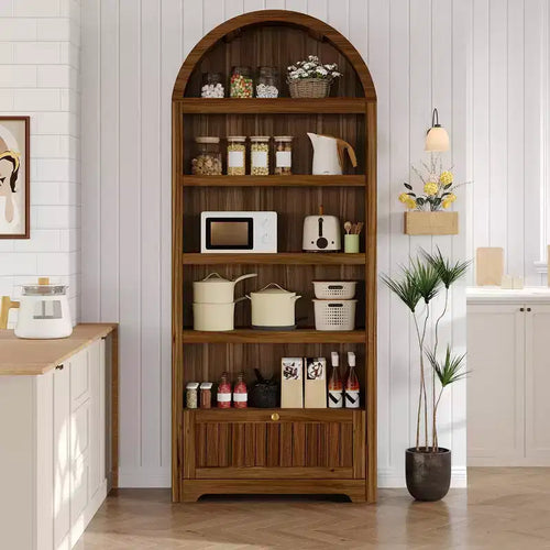 71 Tall Arched Pantry, 6-Tier Freestanding Storage Cabinet with Drawer, Modern White Book Shelf with Open Shelves & Anti-Tipping Design