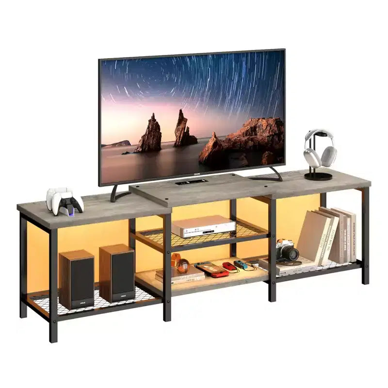 GustoWave Meuble TV Large pour téléviseurs jusqu'à 75 pouces, Centre de divertissement avec prise de courant et 3 étagères de rangement ouvertes