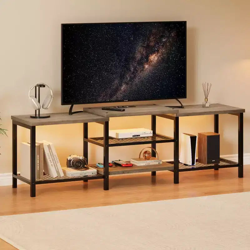 GustoWave Meuble TV Large pour téléviseurs jusqu'à 75 pouces, Centre de divertissement avec prise de courant et 3 étagères de rangement ouvertes