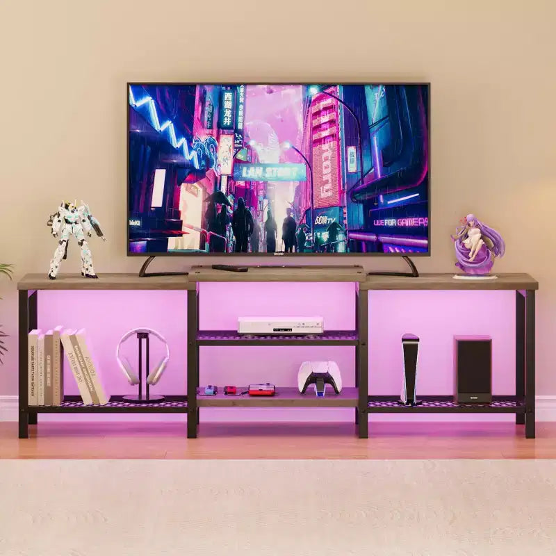 GustoWave Meuble TV Large pour téléviseurs jusqu'à 75 pouces, Centre de divertissement avec prise de courant et 3 étagères de rangement ouvertes