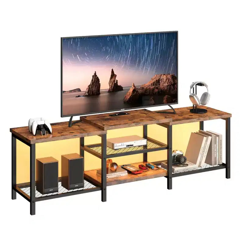 GustoWave Meuble TV Large pour téléviseurs jusqu'à 75 pouces, Centre de divertissement avec prise de courant et 3 étagères de rangement ouvertes