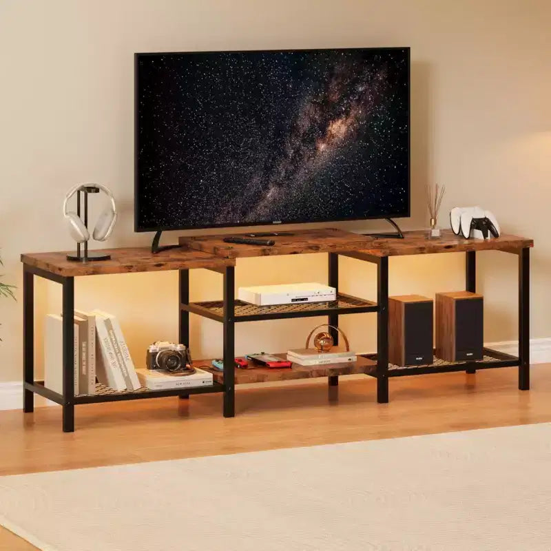 GustoWave Meuble TV Large pour téléviseurs jusqu'à 75 pouces, Centre de divertissement avec prise de courant et 3 étagères de rangement ouvertes