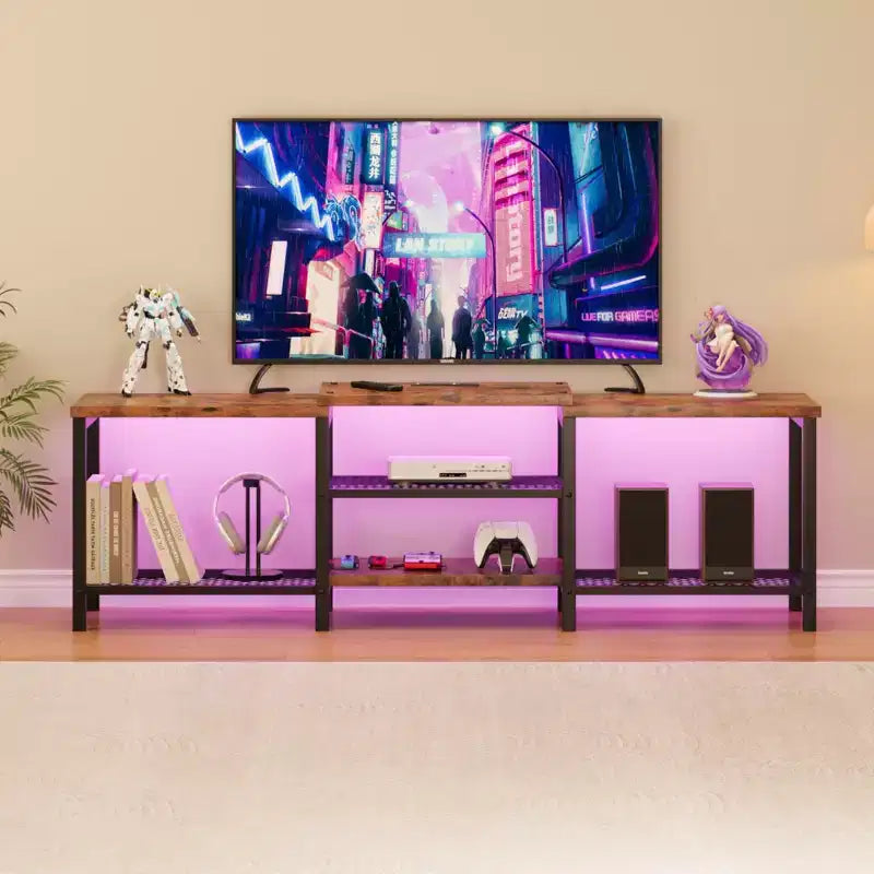 GustoWave Meuble TV Large pour téléviseurs jusqu'à 75 pouces, Centre de divertissement avec prise de courant et 3 étagères de rangement ouvertes