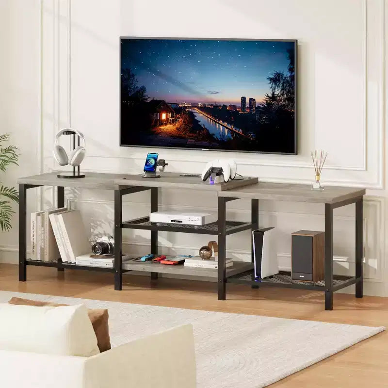 GustoWave Meuble TV Large pour téléviseurs jusqu'à 75 pouces, Centre de divertissement avec prise de courant et 3 étagères de rangement ouvertes
