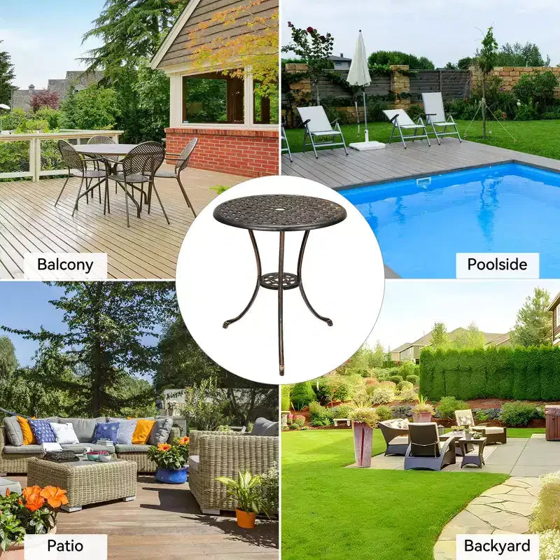 Table de bistro, table à manger ronde rétro en fonte d'aluminium avec trou pour parasol de 5 cm, table de bistro hauteur pub pour porche, jardin, cour, balcon