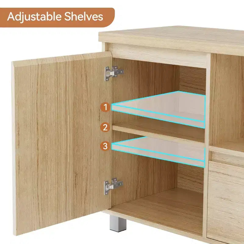 Meuble TV en rotin GustoWave pour téléviseurs jusqu'à 70 pouces, meuble de divertissement bohème avec étagère réglable et tiroir de rangement, chêne