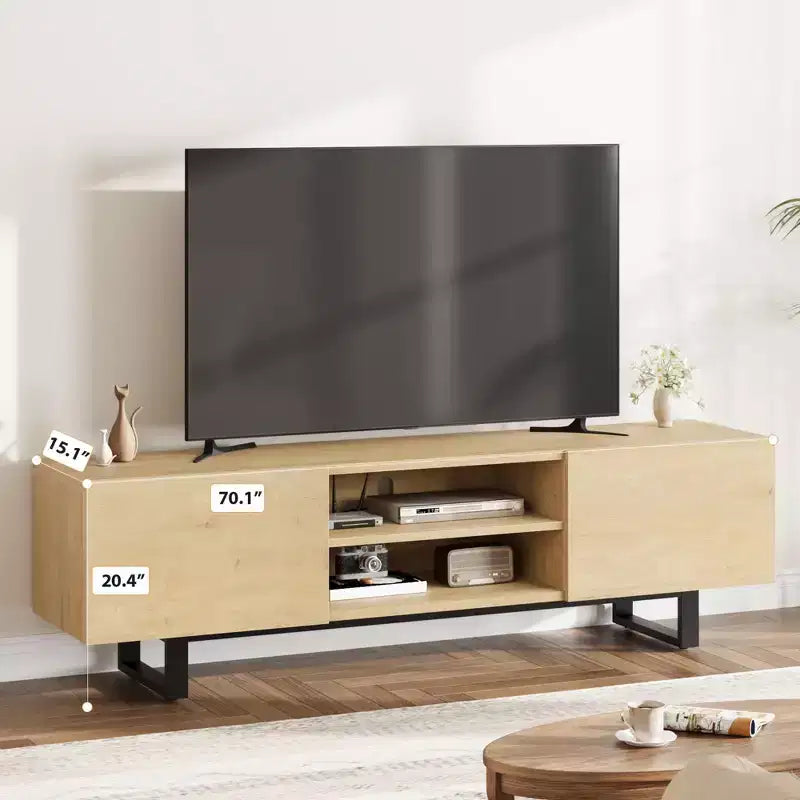 Meuble TV industriel GustoWave pour téléviseur de 80 pouces, centre de divertissement moderne avec 2 tiroirs, meuble multimédia en MDF avec texture bois élégante