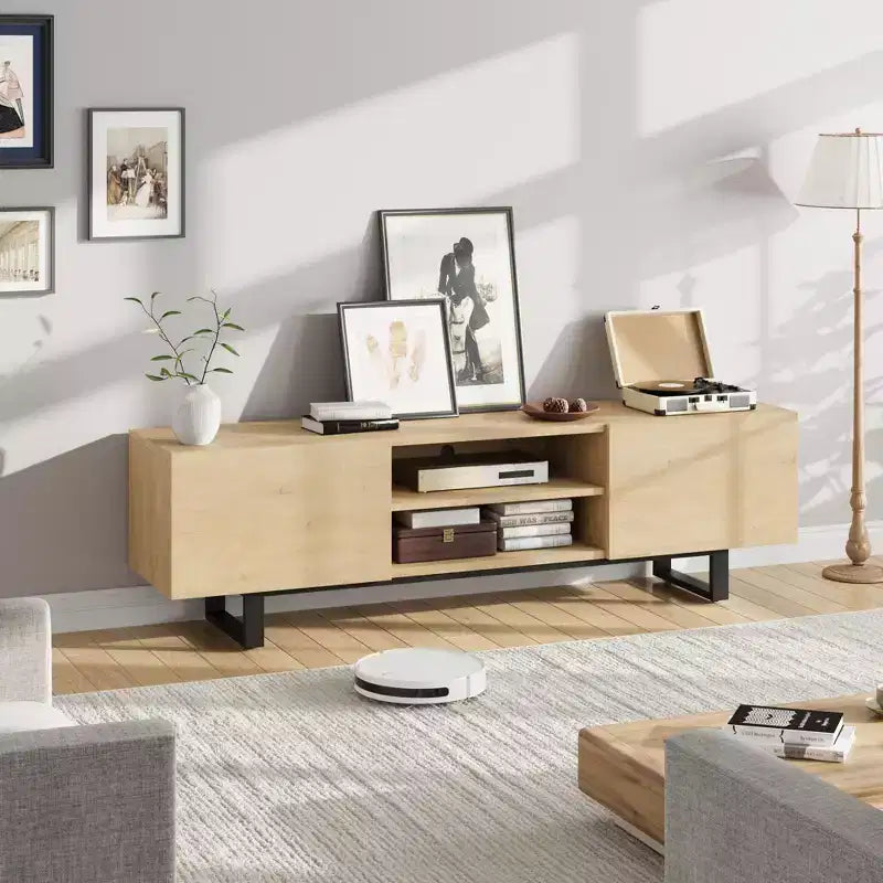 Meuble TV industriel GustoWave pour téléviseur de 80 pouces, centre de divertissement moderne avec 2 tiroirs, meuble multimédia en MDF avec texture bois élégante