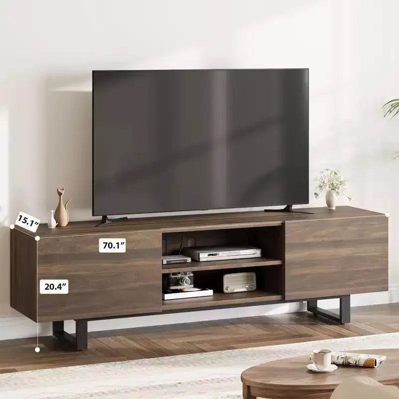 Meuble TV industriel GustoWave pour téléviseur de 80 pouces, centre de divertissement moderne avec 2 tiroirs, meuble multimédia en MDF avec texture bois élégante