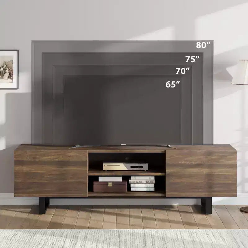 Meuble TV industriel GustoWave pour téléviseur de 80 pouces, centre de divertissement moderne avec 2 tiroirs, meuble multimédia en MDF avec texture bois élégante