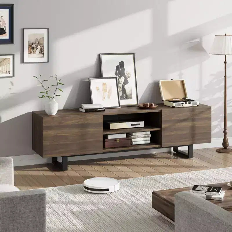 Meuble TV industriel GustoWave pour téléviseur de 80 pouces, centre de divertissement moderne avec 2 tiroirs, meuble multimédia en MDF avec texture bois élégante