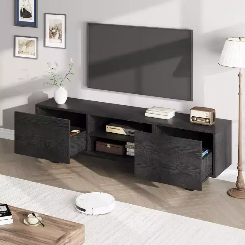Meuble TV industriel GustoWave pour téléviseur de 80 pouces, centre de divertissement moderne avec 2 tiroirs, meuble multimédia en MDF avec texture bois élégante