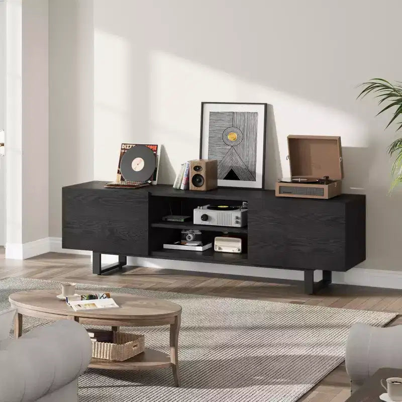 Meuble TV industriel GustoWave pour téléviseur de 80 pouces, centre de divertissement moderne avec 2 tiroirs, meuble multimédia en MDF avec texture bois élégante