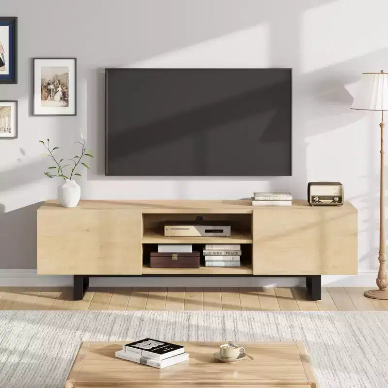 Meuble TV industriel GustoWave pour téléviseur de 80 pouces, centre de divertissement moderne avec 2 tiroirs, meuble multimédia en MDF avec texture bois élégante