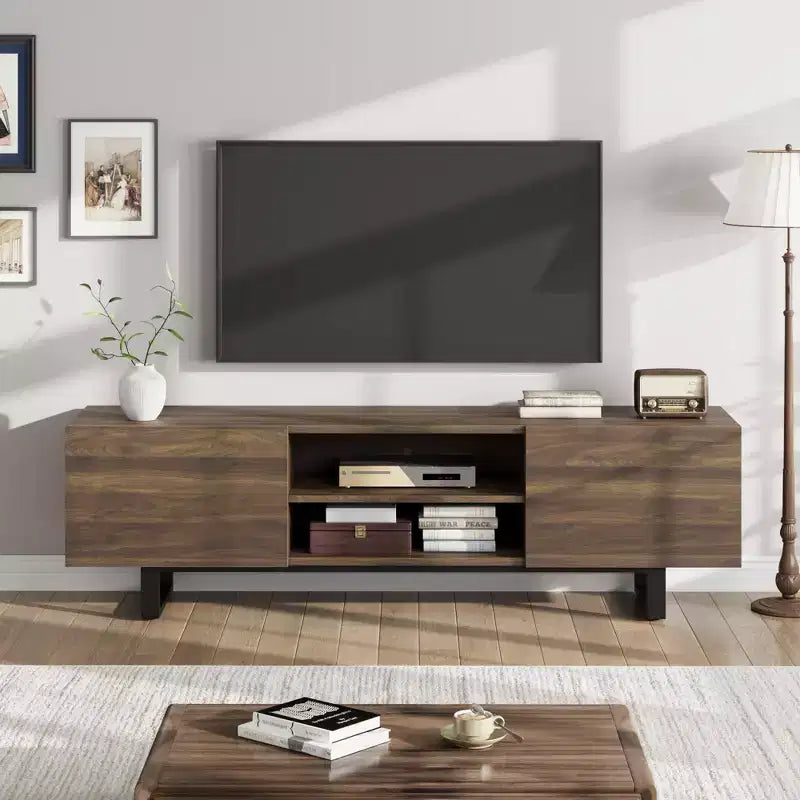 Meuble TV industriel GustoWave pour téléviseur de 80 pouces, centre de divertissement moderne avec 2 tiroirs, meuble multimédia en MDF avec texture bois élégante