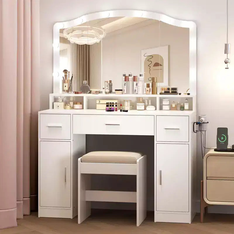 Coiffeuse GustoWave avec miroir et lumières, Coiffeuse avec 10 lumières LED, Dotée de 3 tiroirs, Tabouret de rangement, Prise de courant, Table de maquillage