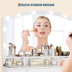 Coiffeuse GustoWave avec miroir et lumières, Coiffeuse avec 10 lumières LED, Dotée de 3 tiroirs, Tabouret de rangement, Prise de courant, Table de maquillage