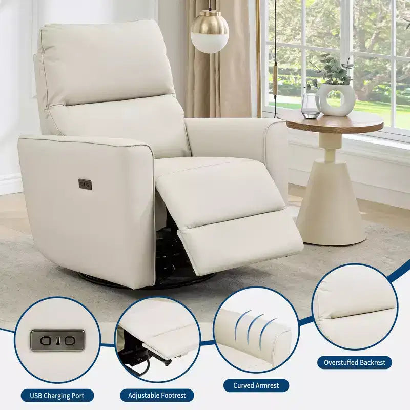 Fauteuil inclinable pivotant, fauteuil à bascule inclinable en cuir PU avec repose-pieds réglable et accoudoir incurvé, canapé inclinable moderne pour salon