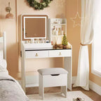 GustoWave, Coiffeuse avec miroir lumineux LED et station de recharge, Petite coiffeuse de maquillage avec 2 tiroirs et tabouret de rangement