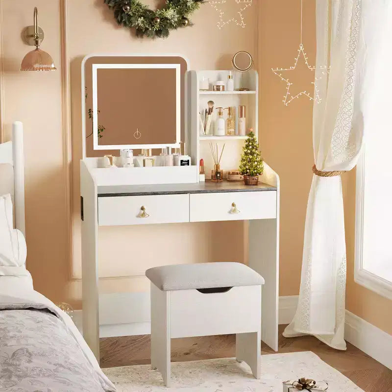 GustoWave, Coiffeuse avec miroir lumineux LED et station de recharge, Petite coiffeuse de maquillage avec 2 tiroirs et tabouret de rangement