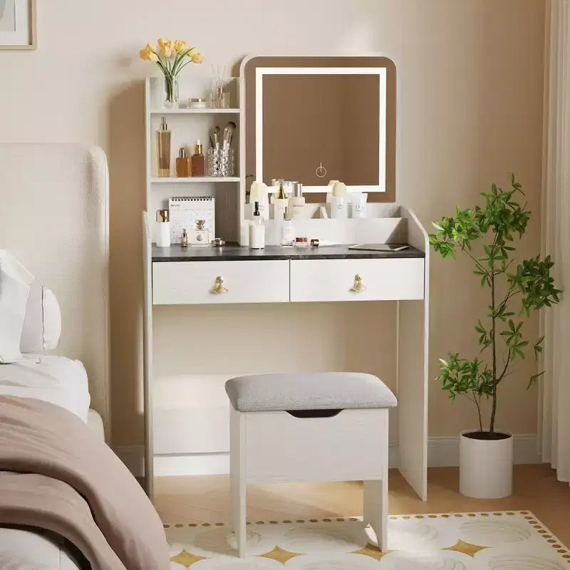 GustoWave, Coiffeuse avec miroir lumineux LED et station de recharge, Petite coiffeuse de maquillage avec 2 tiroirs et tabouret de rangement