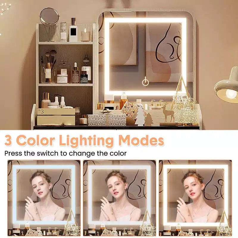 GustoWave, Coiffeuse avec miroir lumineux LED et station de recharge, Petite coiffeuse de maquillage avec 2 tiroirs et tabouret de rangement