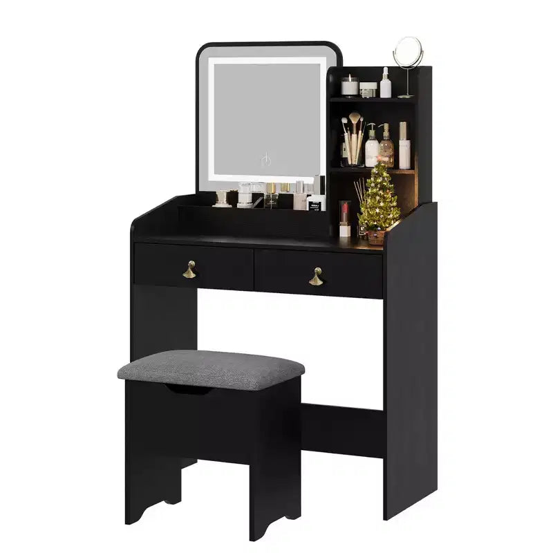GustoWave, Vanity Desk with LED Light Mirror and Charging Station,Small Makeup Vanities Set with 2 Drawers with Storage Stool